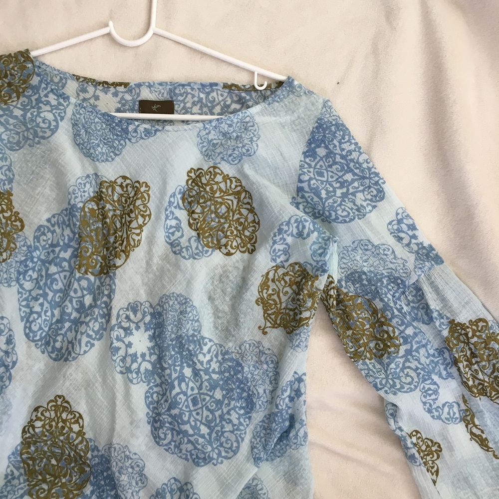 🍃Anthropologie print tunic blue green bias cut S